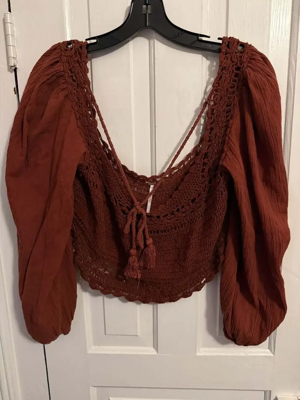 Free People Cynthia Crochet Top Brick Rust Brown Smocked Crop Top Small